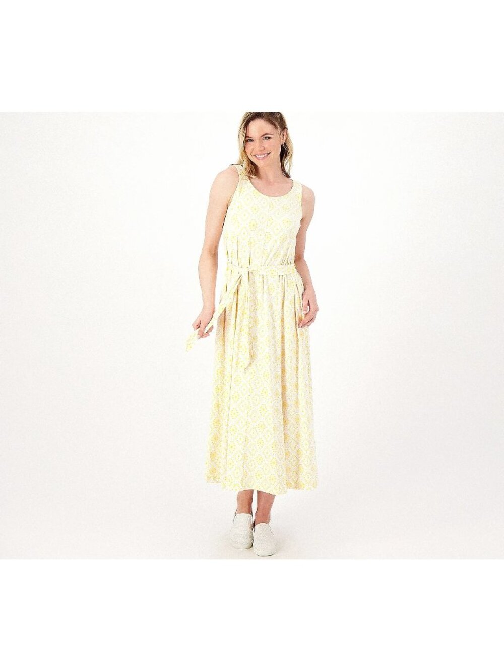 Cuddl Duds Paneled Maxi Dress XS Regular Flexwear Sleeveless Yellow Eyelet Boho